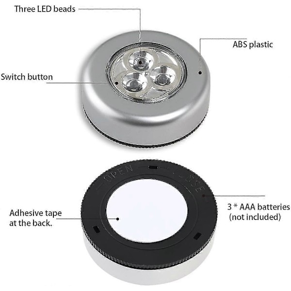 3 LED-lamper på batterier - Tryk for at tænde - Hvidt lys (6 stk) (FMY)
