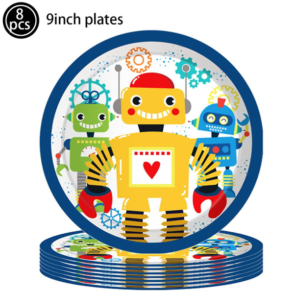 1 setti 130220cm Robottiteemajuhlapöytäliina Robottibileet Pöytäliina Lautaset Kupit Robotti Ilmapallo Boy Robot Syntymäpäiväjuhlien koristelu (FMY) 8Pcs 9inch plates