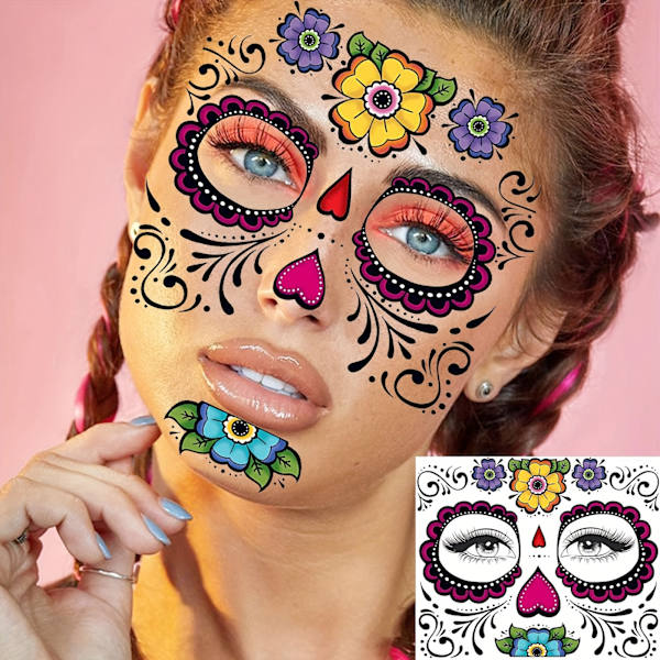 Levande Dödskalle Ansikts Tatueringar - Hållbara, Vattentäta och Återanvändbara för Vuxna - Perfekt för Halloween, Dia de los Muertos (FMY) 4 Sheets In One Package