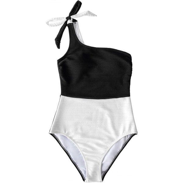 Naisten yksiosainen uimapuku, värillinen yksi olkapää Bowknot uimapuku, musta valkoinen, 2xl (FMY)