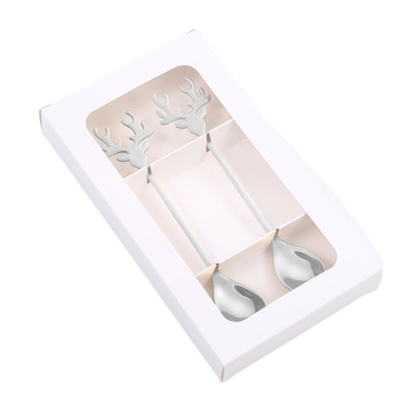 2 kpl ruostumattomasta teräksestä valmistettua hirven sarvien muotoista lusikkaa, ei-hiottuja, herkkiä ravintolalusikoita keittiöön (FMY) Silver 2pcs Gift Box