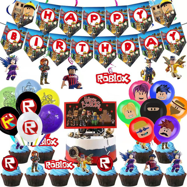 60 st Roblox Virtual World Grattis på födelsedagen Party Dekor Set Sandbox Spel Banners Ballong Tårtdekorationer Virvlar  (FMY)