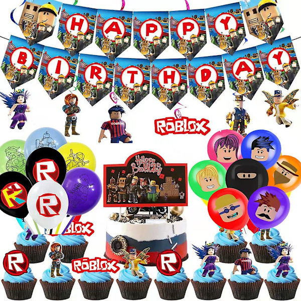 60 stk. Roblox Virtual World Happy Birthday Party Decor Set Sandbox Game Banners Ballon Kage Toppers Hvirvler  (FMY)