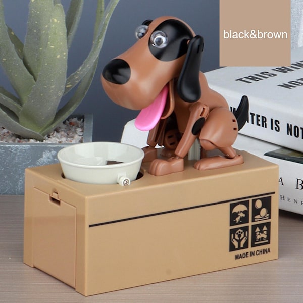 Pengeboks Bank Svin Mekanisk Kvelende Mynt Sparing Sulten Spise Hund Roboter, 100% Ny (FMY) blackbrown