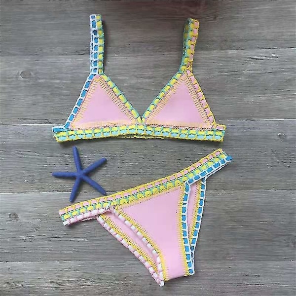 Virkade badkläder för stickade baddräkter för kvinnor Neopren Bikini Beachwear Boho Style Baddräkt Tvådelade baddräkter (FMY) Pink M