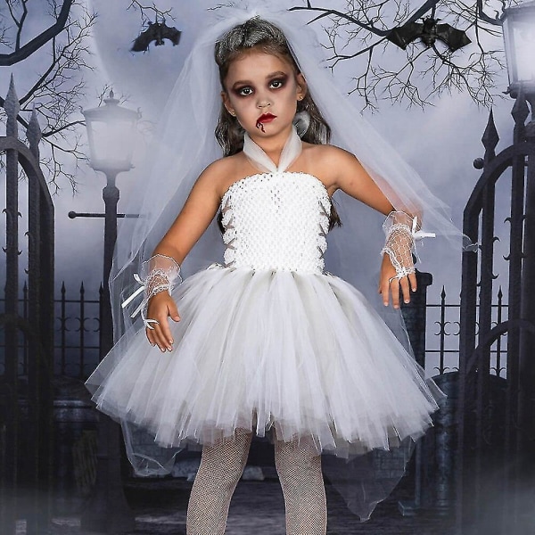 Ghost Bride Jenter Halloween-kostyme Tutu-kjole med hansker slør Tenåringsjenter Cosplay-kostyme Fancy Dress Up Barnefestkjoler (FMY) S 2-3 Years