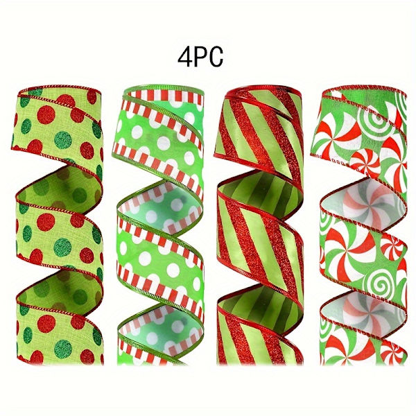 4 Ruller med 2,5 tommer bredt, trådbundet julebånd med grønn og rød glitterstripe, polka dots og trådbundet kant - Perfekt for julekrans, Bo (FMY) 4pcs