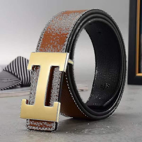 Ny Stil Business Fritid Ægte Pu Læder H Glat Spænde Litchi Korn Bælte Til Mænd V  (FMY) Earthy yellow gold buckle