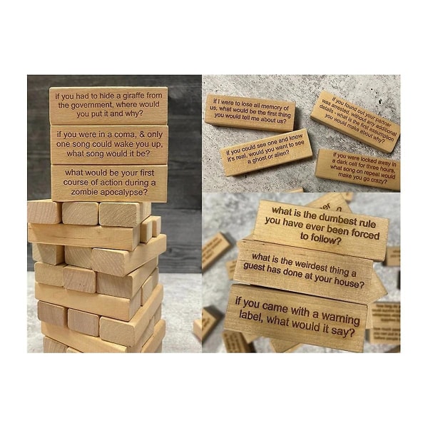 54 Pieces Questions Tumbling Tower Game, Giant Wood Stacking Game med resultattavla, Ice Breaker Questions Tumbling (FMY)