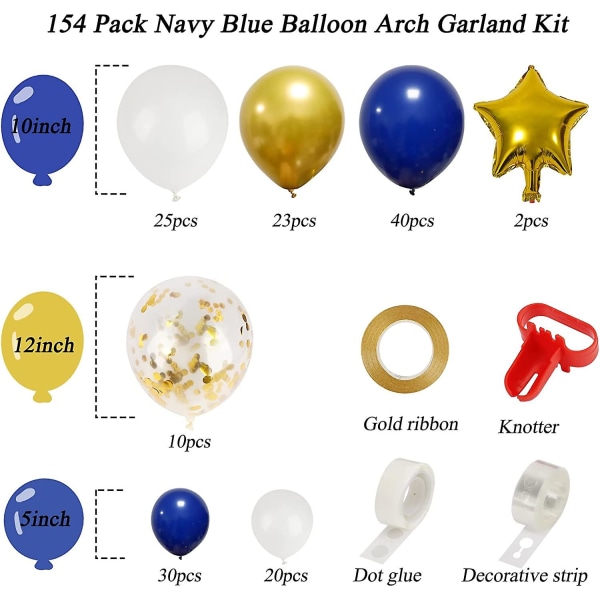 Royal Blue Gold -ilmapallot Garland Arch Kit, Royal Blue Metallic Gold -valkoiset ilmapallot tähtifoliolla ilmapalloilla valmistumisen syntymäpäivään Baby Shower (FMY)