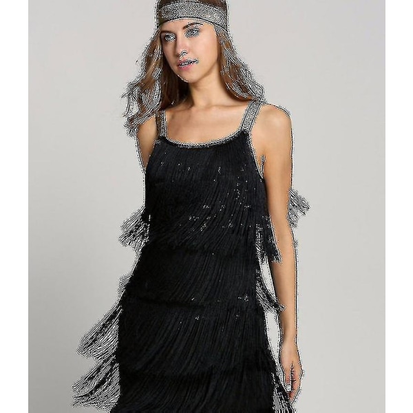 Fantastisk Gatsby-klänning 1920-talsfest vintage tofs damfransade klänningar (FMY) Black XL