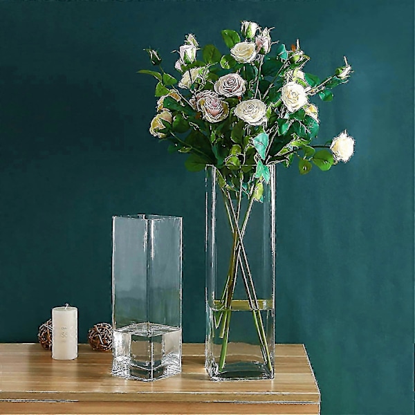 Høj Kvadratisk Vase Hjemme Dekorativ Blomst Glas Vase Bryllup Fest Bord Midtpunkter (4\"4\"10\")  (FMY)