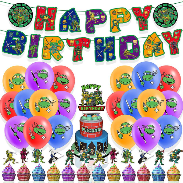 Ninja Turtles-tema bursdagsparty dekorasjonssett med Happy Birthday-banner, ballongsett, kake- og cupcakespydsett (FMY)