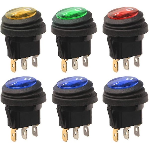 6 st 12v-24vdc Vippbrytare med LED-lampor, Vattentät Rund Tryckknapp för Bil Båt Lastbil. (FMY)