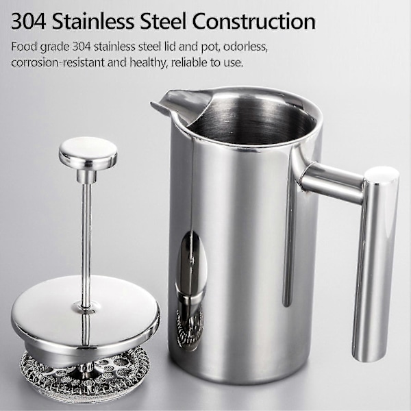 350ml/800ml/1000ml Stempelkande Kaffemaskine Rustfrit Stål Dobbeltvægget Isoleret Kaffemaskine Kande (FMY) 800ml