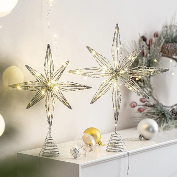 Julgrans Topp Glitter Guld Stjärna Julgrans Topp Upplyst med Varma Vita LED-lampor för Semesterdekoration Fest Inomhus Deko (FMY) 25cm Silver LED