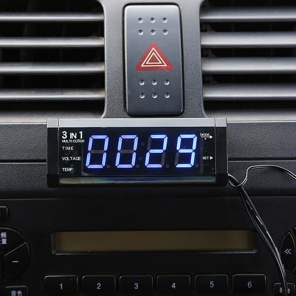 Bilklokke DC 12V Multifunksjonell 3 i 1 Digital Elektrisk Måler Voltmeter Panel for Bil (FMY) Blue