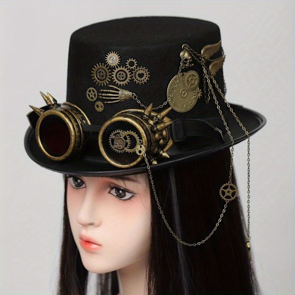 Steampunk Topphatt med Metallkjede og Briller - Viktoriansk Hodeplagg Kostymetilbehør for Kvinner - Perfekt for Halloween og Cosplay (FMY) Black [22-23.2inch]