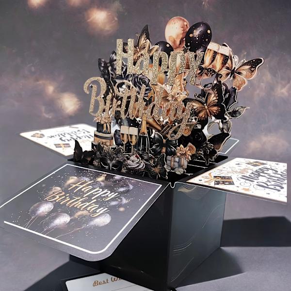 1 kpl Musta Kulta 3D Pop-up Syntymäpäiväkorttisetti Pallon ja Perhosen Koristeella - Sopii Miehille ja Naisille, Sisältää 1 Tervehdyskortin (FMY) Black Golden Birthday