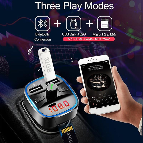 Bluetooth 5.0 Fm-sändare Bilsnabbladdare Dubbel USB bilspelare Handsfree-samtal Support Tf Card/u Disk Spela Mp3-musik (FMY)