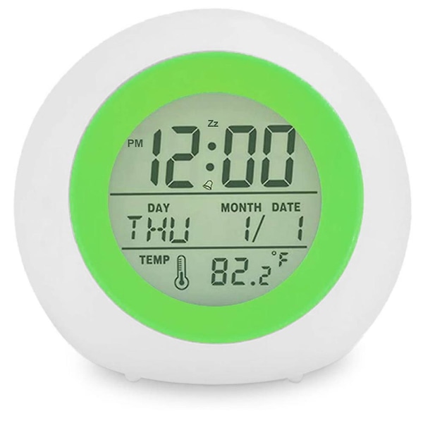 Digital väckarklocka för barn, 7-färgs nattljus, snooze, temperaturavkänning för toddler, barn pojkar-grön (FMY)