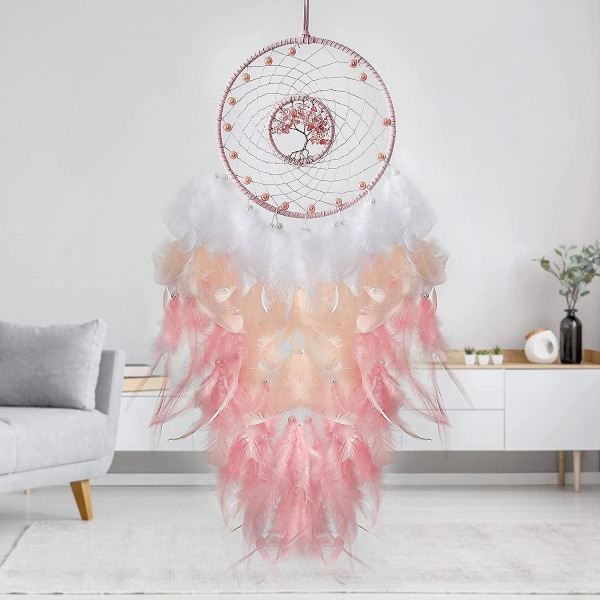 Tree Of Life Dream Catcher vaaleanpunainen höyhenseinäkoriste, jossa on luonnollinen parantava kristallikive, täydellinen käsintehty kodin sisustus ja makuuhuoneen sisustus