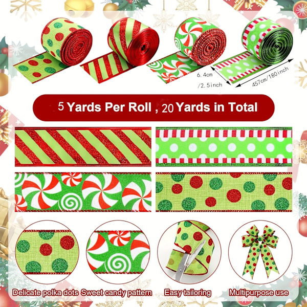4 Ruller med 2,5 tommer bredt, trådbundet julebånd med grønn og rød glitterstripe, polka dots og trådbundet kant - Perfekt for julekrans, Bo (FMY) 4pcs