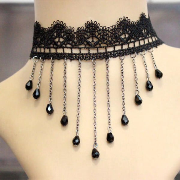 Jente Lace Gothic Sexy Choker For Kvinner Blomst Bead Tassels Halskje Dame Hals Smykker Tilbehør  (FMY)