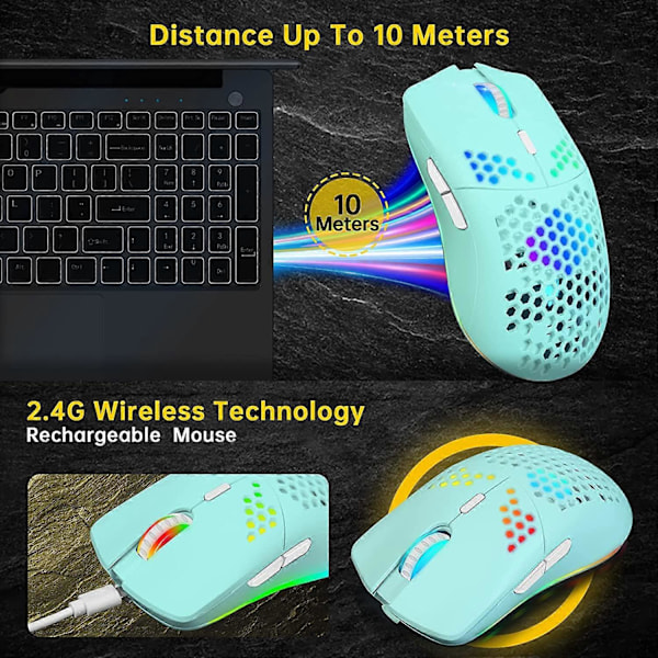 Trådløs Gaming Mus, Honeycomb Kabinet Computermus, 11 RGB Baggrundsbelysning, 3.400 DPI, 6 Programmeringsknapper, USB-modtager, Strømbesparende. (FMY)
