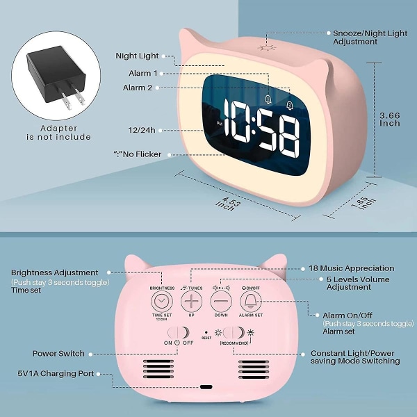 Børnevækkeur med natlys Trinløs dæmpning, søde katteøre digitalt ur til drenge og piger, 5 minutters alarm (FMY)