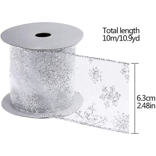 Snowflake Glitter Organza Ribbons 11 Yards 2,5-tums Shimmer Band Metallic Ribbons (silver) (FMY)