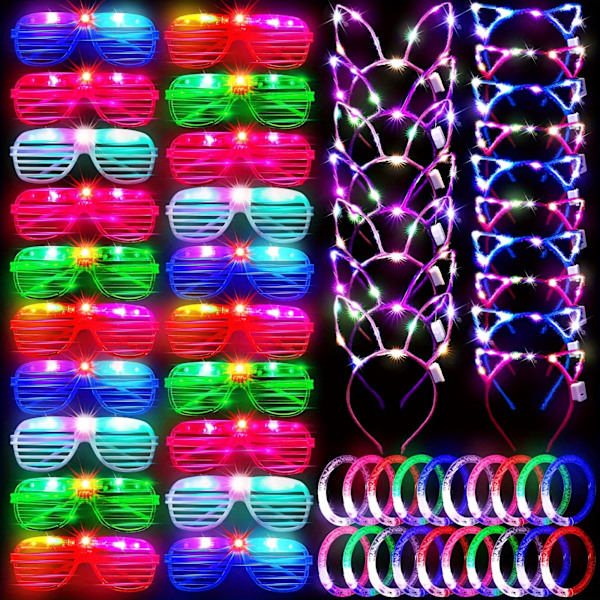 60 stk. Glow Party Tilbehørssæt - Inkluderer 20 LED Shutter Briller, 20 Glow Pandebånd, 20 LED Glow Armbånd, Neon Party Favør til Fødselsdag (FMY) Universal