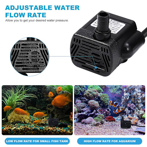 Ueetek Akvariepumpe AC 220v-240v 220l/h 4w Nedsænkelig Vandpumpe Fiskesø Dam Vandpumpe Med Eu Stik (sort)  (FMY)