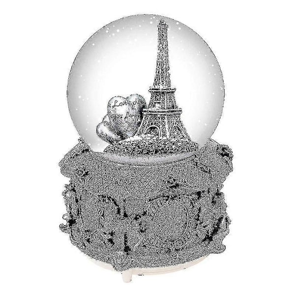 Pariisin Eiffel-tornin lumipallo-musiikkilaatikko automaattisella lumisateella ja värikkäillä valoilla, 100 mm korkea 6 C Boris (FMY) silver