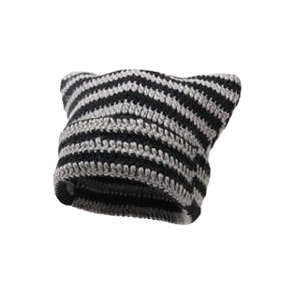 Damehue Lille Djævel Stribet Strikket Uldhue Vinter Katteøre Hue (FMY) Black Gray