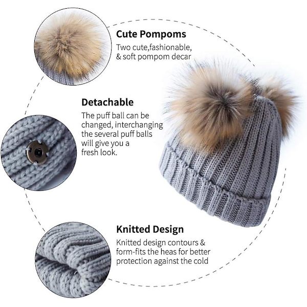 Dames Vinter Dobbelt Pom Pom Beanie Fleeceforet Bobble Hat Strikket Kunstig Pels Pom (FMY)