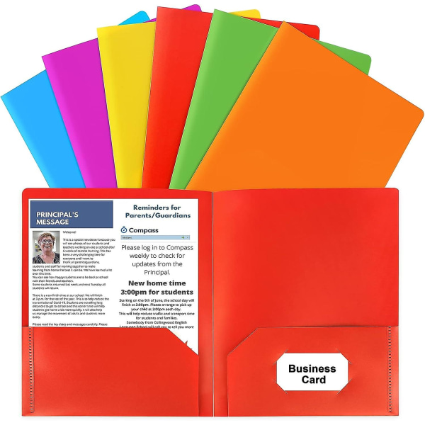 Plastmapper med lommer, 6 farver Heavy Duty To-lommesmappe visitkortholder til kontorgymnasium (FMY)
