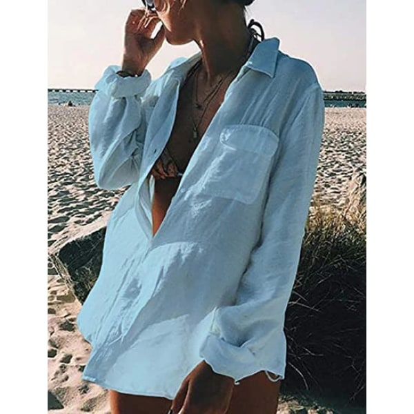 Langermet strandskjortebluser for kvinner Turn Down Krage Badedrakt Cover Ups, G-lyseblå (FMY)