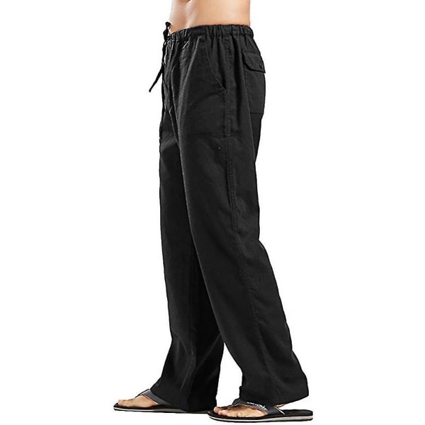 Baggy strandbukser i linned til mænd med brede ben Elastik i taljen Casual løse haremsbukser (FMY) Black S