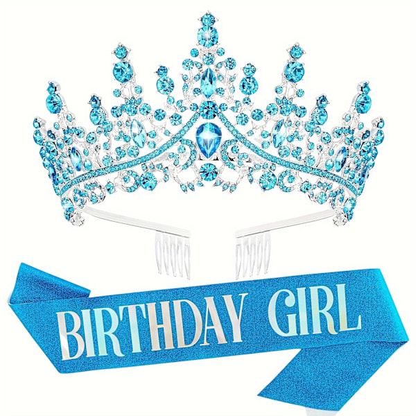 2-delt barokk-inspirert prinsesse-krone og glitrende sash-sett - tiara og belte-kombinasjon for lykkelig bursdagsfesttilbehør, perfekt (FMY) Lake blue girl suit