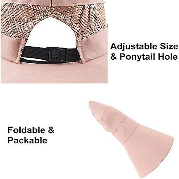 Dam sommar solhatt bred brätte utomhus UV-skydd hatt hopfällbar hästsvans hink keps för strand fiske vandring  (FMY) Pure pink