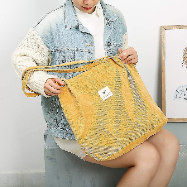 Cordfløyel Tote Bag for kvinner, jenter og barn, skulderbag med innerlomme, handlepose (FMY) Yellow