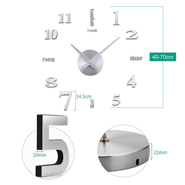 Kiva DIY-seinäkello, helppo asentaa ja irrottaa, olohuoneen seinäkoriste (FMY) Silver 70cm