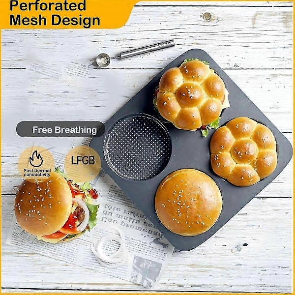 Hamburgerbrødform, 5-tommers non-stick karbonstål hamburgerform, 4-kopps stor bakeform egnet for hjemmelagde hamburgerbrød (FMY) As shown