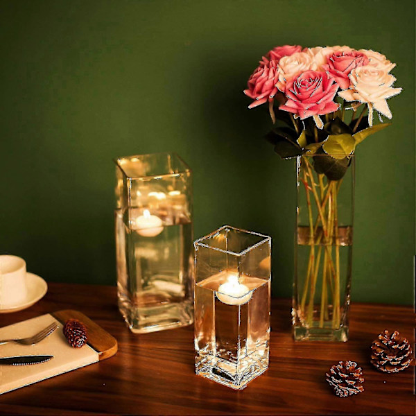Høj Kvadratisk Vase Hjemme Dekorativ Blomst Glas Vase Bryllup Fest Bord Midtpunkter (4\"4\"10\")  (FMY)