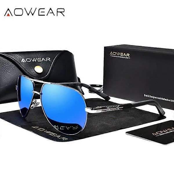 AOWEAR Polariserade flygarsolglasögon för vuxna, aluminium, körspegel, solglasögon, manligt varumärke, retro glasögonaccessoarer gafas (FMY) Silver Black Lens Brand Designer