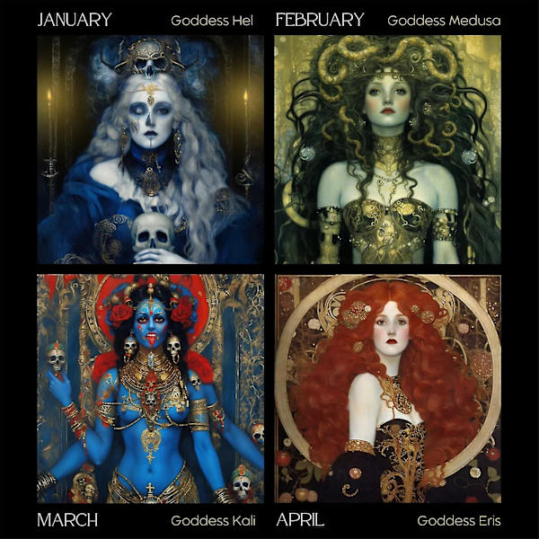 Dark Goddess 2024 Kalender, 2024 Kalender Dark Goddess, Black Wall Calendar Månefaser Græsk mytologi gave til hende (FMY) S - 24 x 24 cm