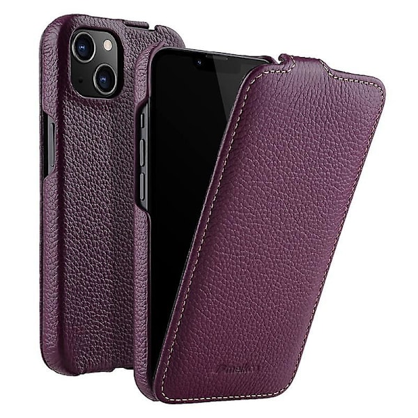 Vertikalt Flip-fodral för iPhone 13 i äkta läder med litchitextur + PC-skyddande skal (FMY) Purple iPhone 13 6.1 inch