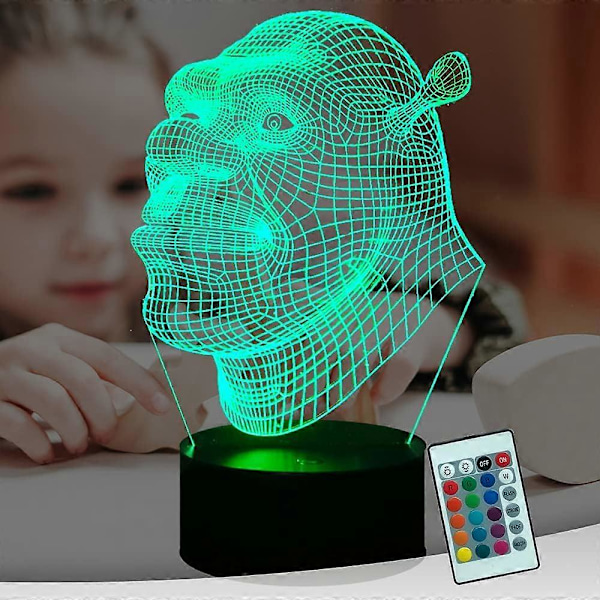 SBSG Shrek 3D LED Nattlys Tegneserie Den Grønne Monster Filmfigur USB Berøring Fjernkontroll 16 Farger 4 Moduser Optisk Illusjon Sengelampe (FMY)