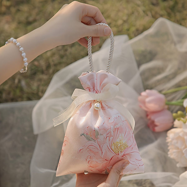 10-pak Blomstrede Snorposer til Slik - Smuk Chambray Polyesterstof med Perle- og Båndpynt - Perfekt til Bryllupper, Baby (FMY) Pink